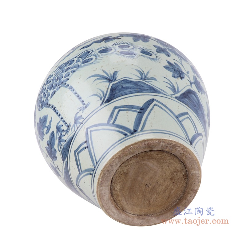 青花花鸟孔雀纹罐子;产品编号:RZSX48 产品尺寸(单位cm): 高:36.5直径:35.5口径:底径:17.3重量:7.7KG