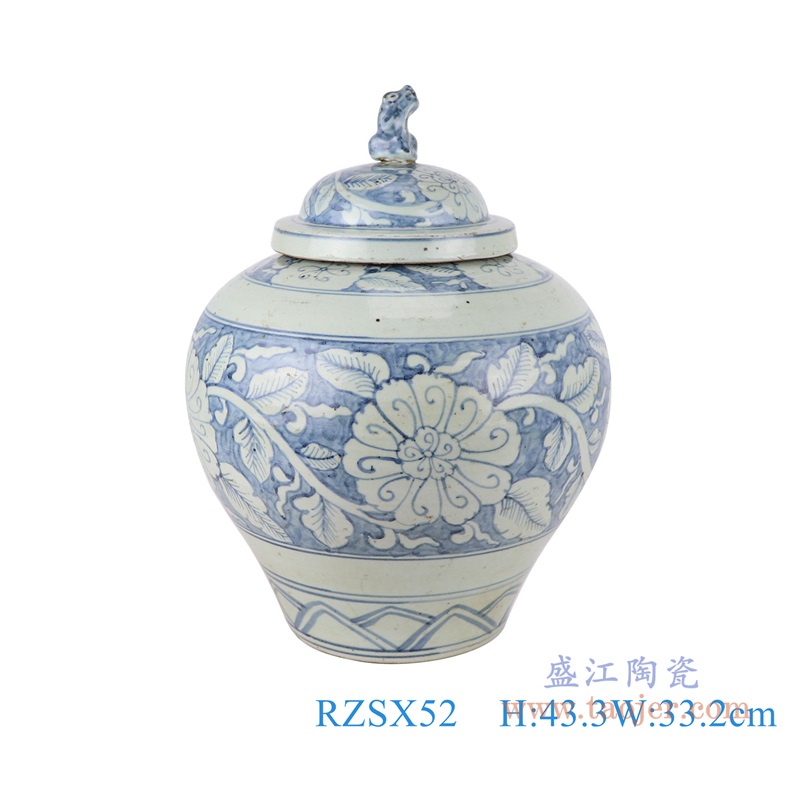 青花牡丹花卉狗头罐;产品编号：RZSX52       产品尺寸(单位cm):  高：43.3直径：33.2口径：底径：18重量：7.55KG
