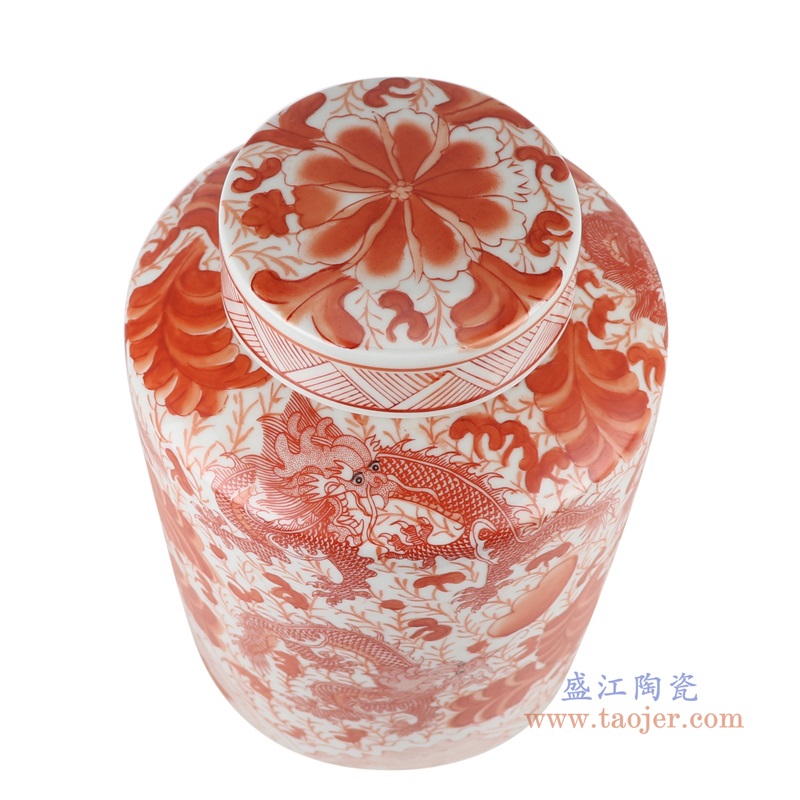 小号矾红缠枝龙纹直筒茶叶罐;产品编号：RZTX02-S       产品尺寸(单位cm):  高：33直径：23.2口径：底径：21.5重量：5.2KG