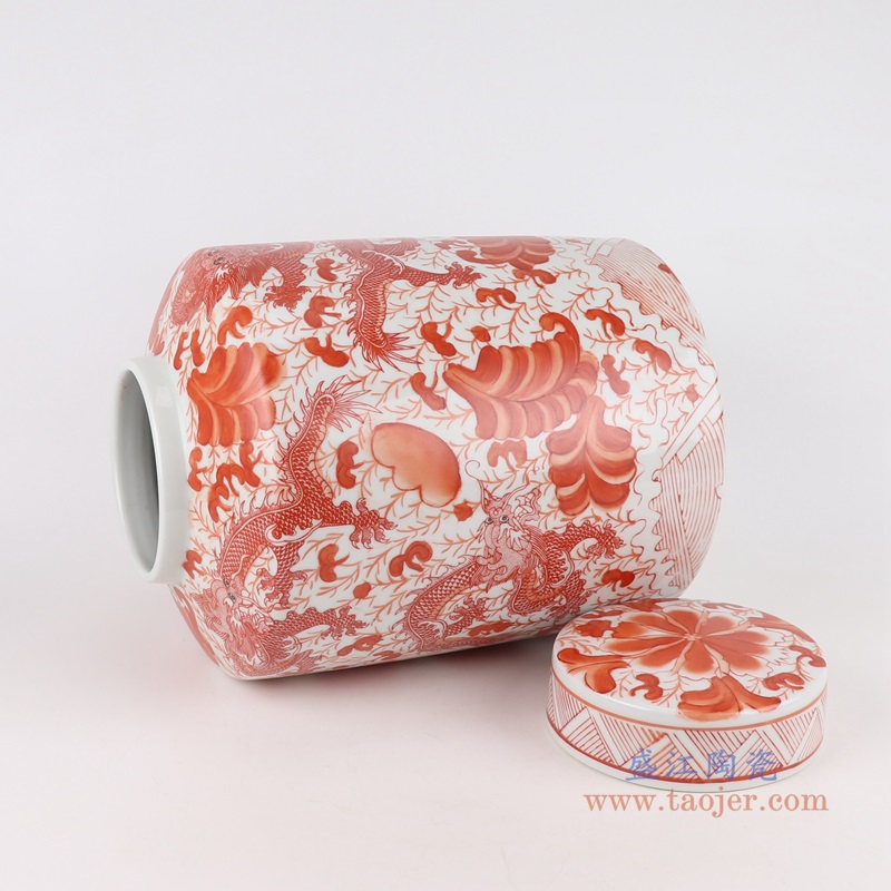 小号矾红缠枝龙纹直筒茶叶罐;产品编号：RZTX02-S       产品尺寸(单位cm):  高：33直径：23.2口径：底径：21.5重量：5.2KG