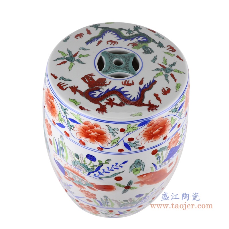 五彩斗彩彩绘鱼藻纹鼓凳凉墩;产品编号:RZTX03 产品尺寸(单位cm): 高:43.5直径:33口径:底径:26.7重量:10.4KG