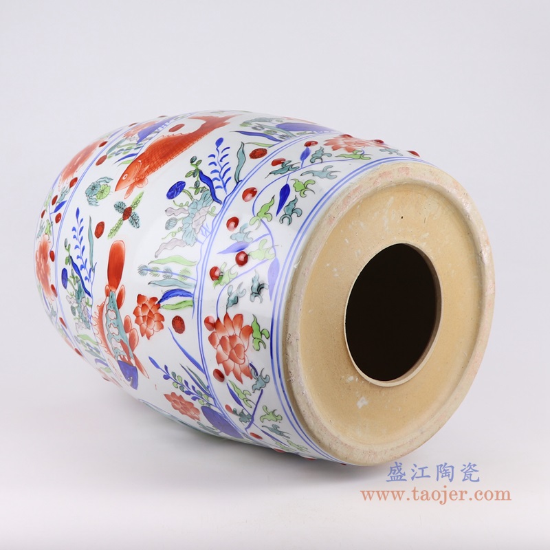 五彩斗彩彩绘鱼藻纹鼓凳凉墩;产品编号:RZTX03 产品尺寸(单位cm): 高:43.5直径:33口径:底径:26.7重量:10.4KG