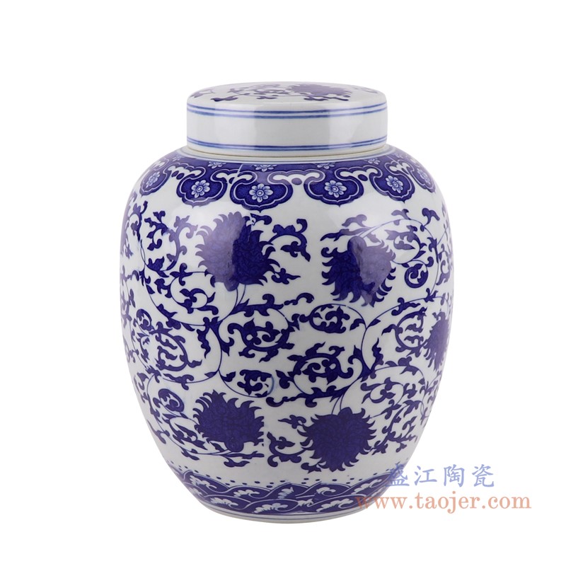 青花缠枝莲茶叶罐;产品编号：RZTY01       产品尺寸(单位cm):  高：27.5直径：21.5口径：底径：12重量：3KG