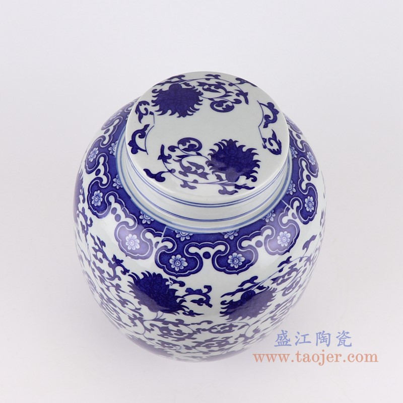 青花缠枝莲茶叶罐;产品编号：RZTY01       产品尺寸(单位cm):  高：27.5直径：21.5口径：底径：12重量：3KG