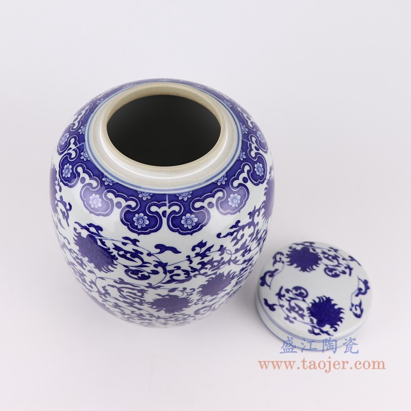 青花缠枝莲茶叶罐;产品编号：RZTY01       产品尺寸(单位cm):  高：27.5直径：21.5口径：底径：12重量：3KG