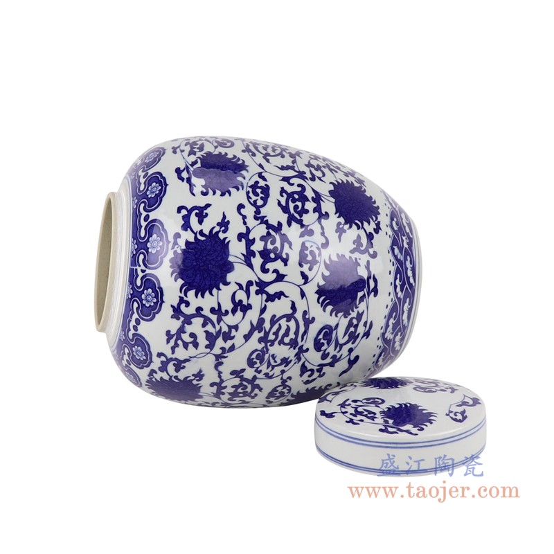 青花缠枝莲茶叶罐;产品编号：RZTY01       产品尺寸(单位cm):  高：27.5直径：21.5口径：底径：12重量：3KG