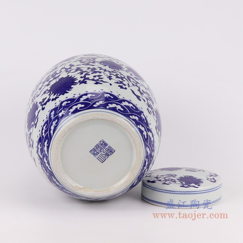 青花缠枝莲茶叶罐;产品编号：RZTY01       产品尺寸(单位cm):  高：27.5直径：21.5口径：底径：12重量：3KG