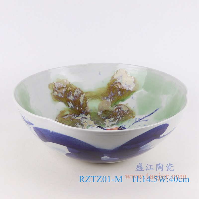 窑变绿荷异形水浅中号;产品编号:RZTZ01-M 产品尺寸(单位cm): 高:14.5直径:40口径:底径:18重量:4.8KG
