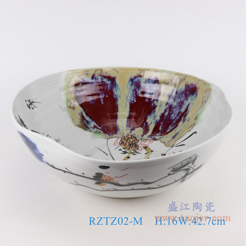 窑变乡村红荷异形水浅中号;产品编号:RZTZ02-M 产品尺寸(单位cm): 高:16直径:42.7口径:底径:19重量:4.9KG