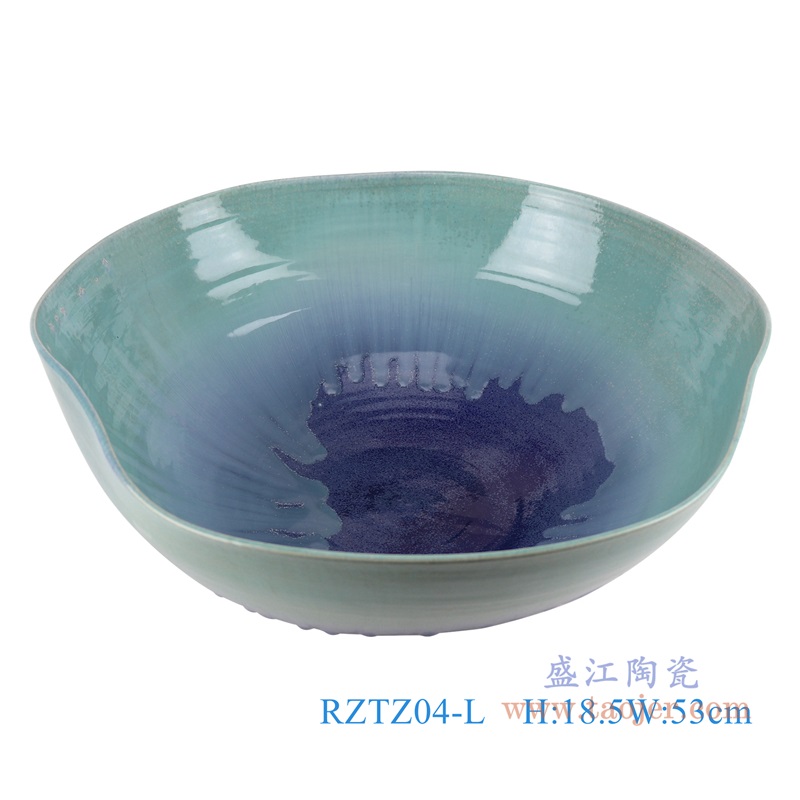 窑变颜色釉蓝色异形水浅大号;产品编号:RZTZ04-L 产品尺寸(单位cm): 高:18.5直径:53口径:底径:22.5重量:7.1KG