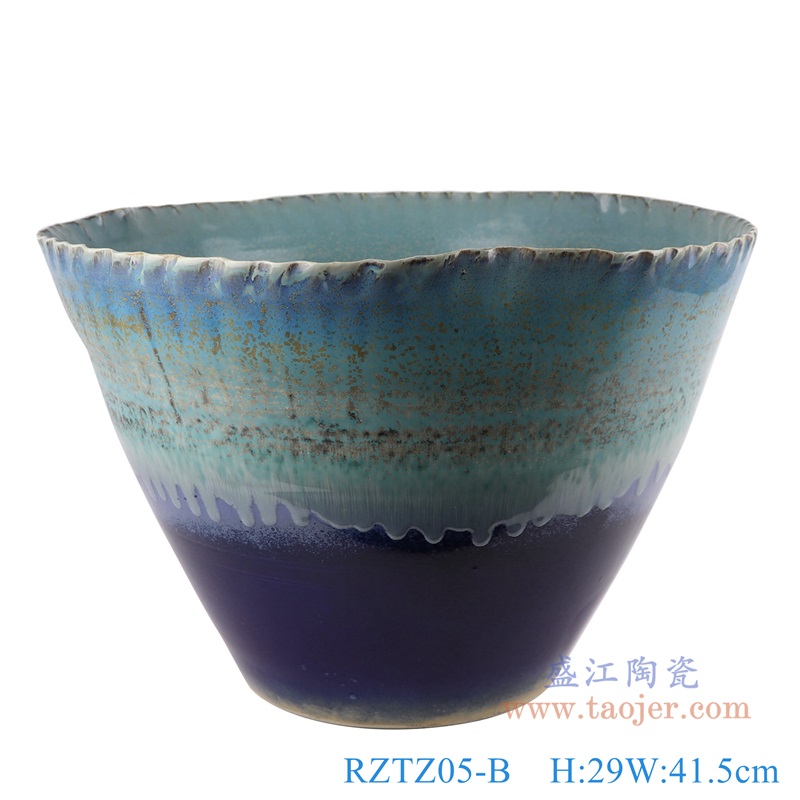 窑变深蓝颜色釉釉异形水浅缸;产品编号:RZTZ05-B 产品尺寸(单位cm): 高:29直径:41.5口径:底径:20重量:7.25KG