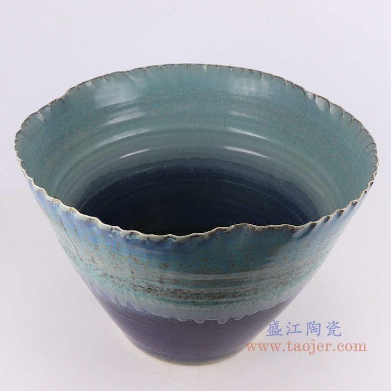 窑变深蓝颜色釉釉异形水浅缸;产品编号:RZTZ05-B 产品尺寸(单位cm): 高:29直径:41.5口径:底径:20重量:7.25KG