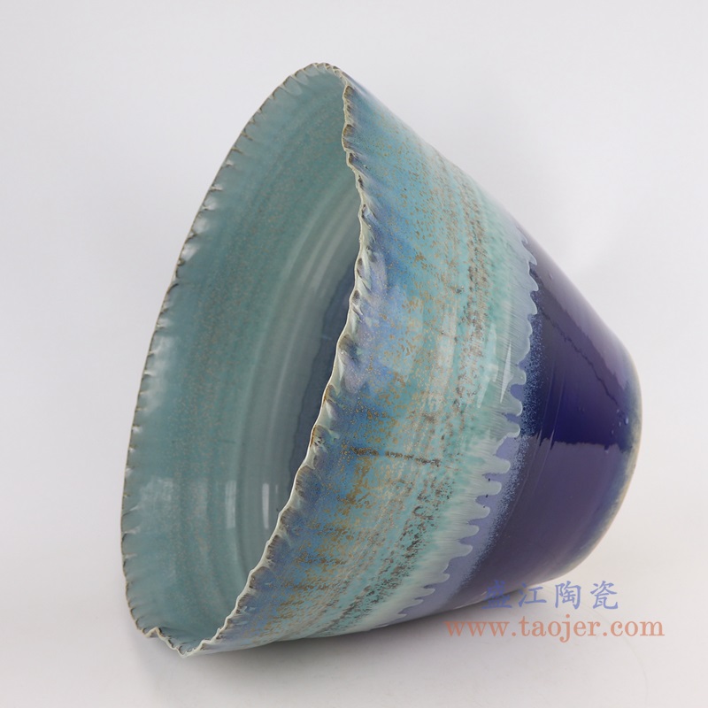 窑变深蓝颜色釉釉异形水浅缸;产品编号:RZTZ05-B 产品尺寸(单位cm): 高:29直径:41.5口径:底径:20重量:7.25KG