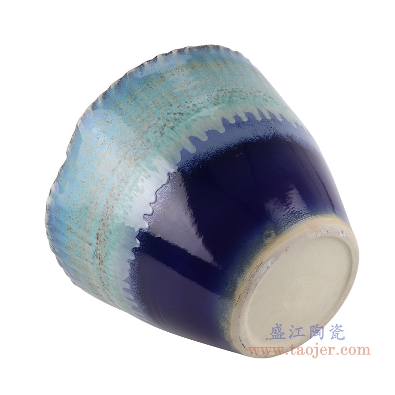 窑变深蓝颜色釉釉异形水浅缸;产品编号:RZTZ05-B 产品尺寸(单位cm): 高:29直径:41.5口径:底径:20重量:7.25KG