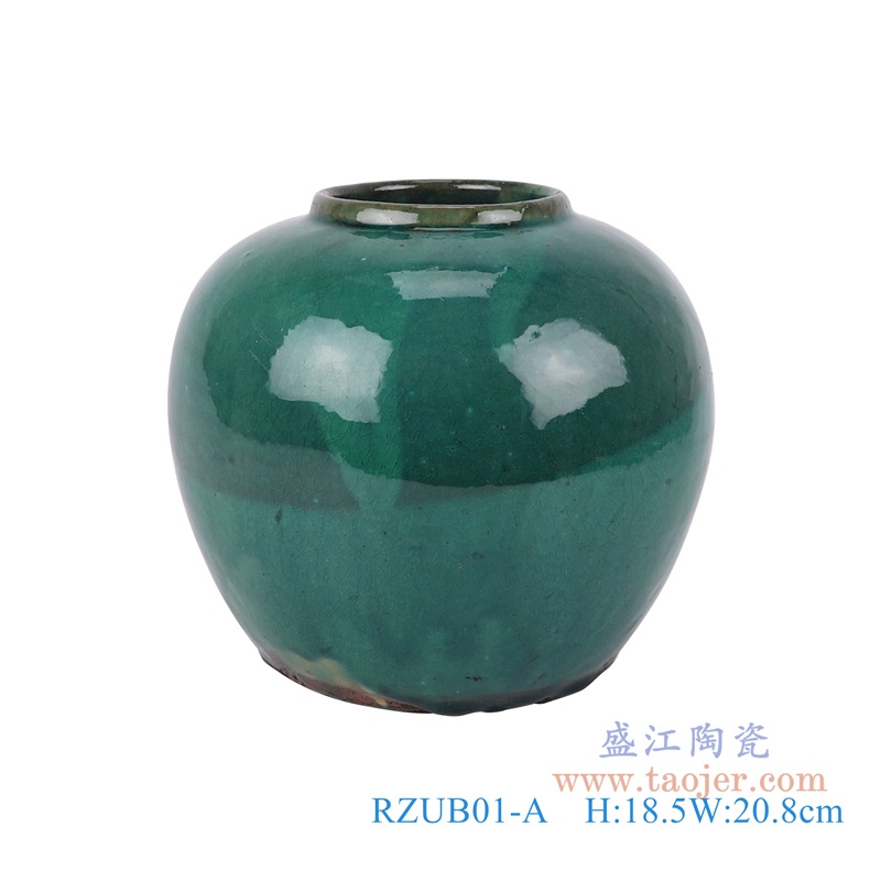 颜色釉宝石绿色小罐子;产品编号：RZUB01-A       产品尺寸(单位cm):  高：18.5直径：20.8口径：底径：13.6重量：2.05KG