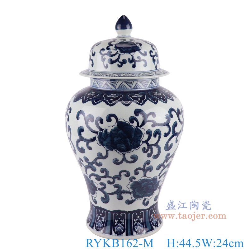 青花缠枝莲将军罐中号号，产品编号：RYKB162-M       产品尺寸(单位cm):  高44.5直径24口径底径16.1重量3.8KG