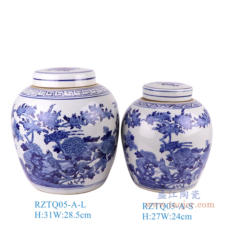 青花花鸟眀罐大小号组合,产品编号:RZTQ05-A-L-S组合图 产品尺寸(单位cm): 高直径口径底径重量KG