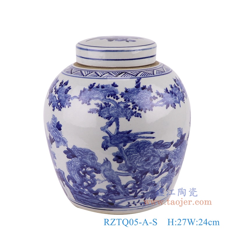 青花花鸟眀罐小号,产品编号:RZTQ05-A-S 产品尺寸(单位cm): 高27直径24口径底径17.5重量2.55KG