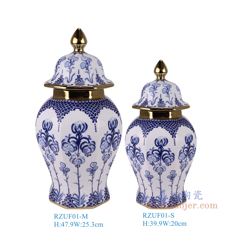 青花镀金花卉将军罐中小号，产品编号：RZUF01-M-S组合图       产品尺寸(单位cm):  高直径口径底径重量KG