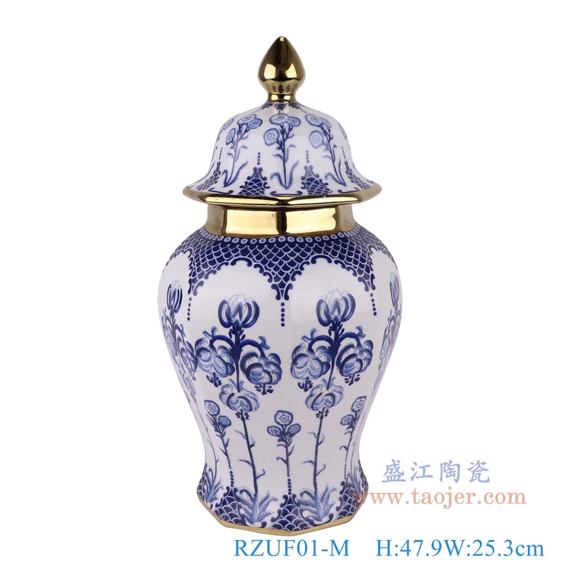 青花镀金花卉将军罐中号，产品编号：RZUF01-M       产品尺寸(单位cm):  高47.9直径25.3口径底径18.9重量4.4KG