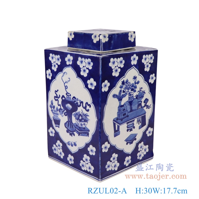 青花冰梅开窗博古纹四方茶叶罐,产品编号:RZUL02-A 产品尺寸(单位cm): 高30直径17.7口径底径重量3.5KG