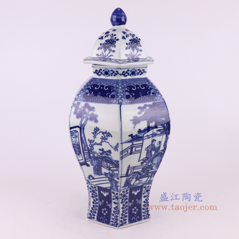 青花人物六方将军罐，产品编号：RYJF78-S 产品尺寸(单位cm): 高39.5直径21口径底径14重量2.95KG