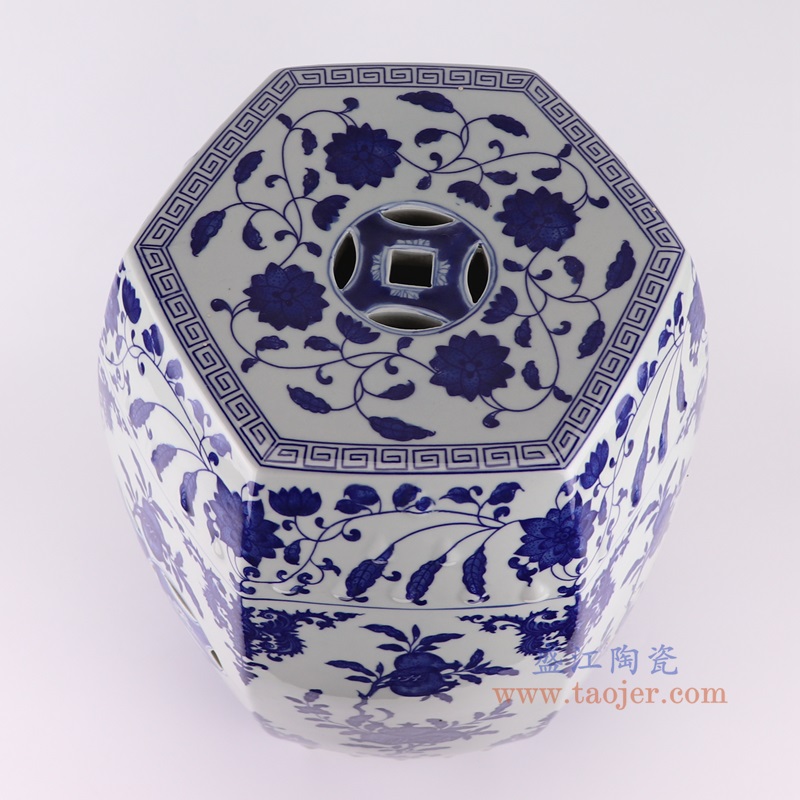 青花石榴纹六方六边形凳子凉墩，产品编号：RYKB161       产品尺寸(单位cm):  高46直径36.3口径底径重量9.55KG