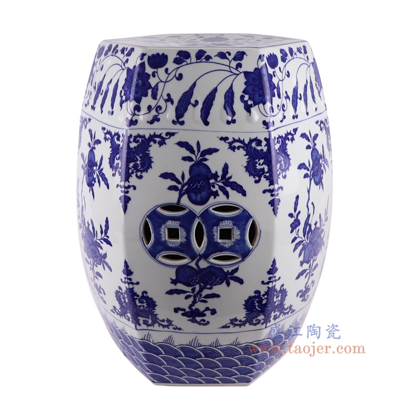 青花石榴纹六方六边形凳子凉墩，产品编号：RYKB161       产品尺寸(单位cm):  高46直径36.3口径底径重量9.55KG
