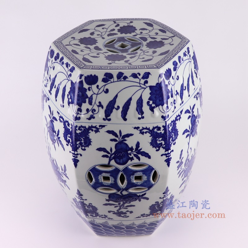 青花石榴纹六方六边形凳子凉墩，产品编号：RYKB161       产品尺寸(单位cm):  高46直径36.3口径底径重量9.55KG