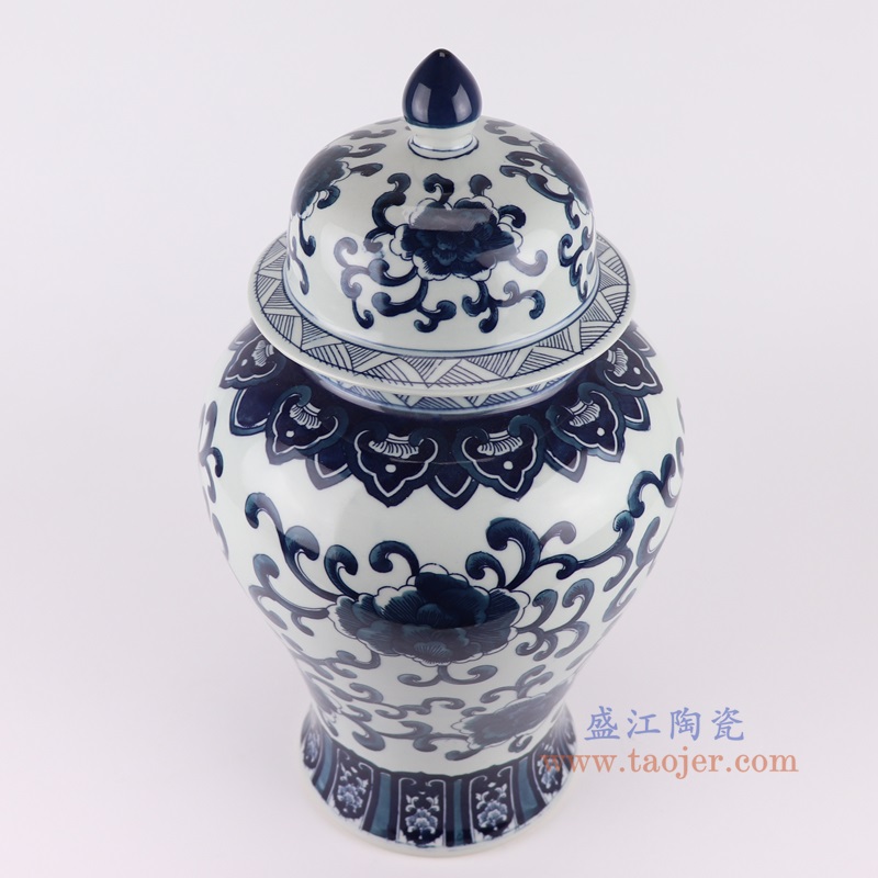 青花缠枝莲将军罐大号，产品编号：RYKB162-L       产品尺寸(单位cm):  高53.5直径29口径底径18.3重量5.45KG