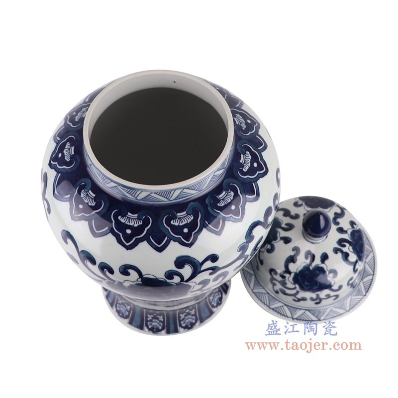 青花缠枝莲将军罐大号，产品编号：RYKB162-L       产品尺寸(单位cm):  高53.5直径29口径底径18.3重量5.45KG