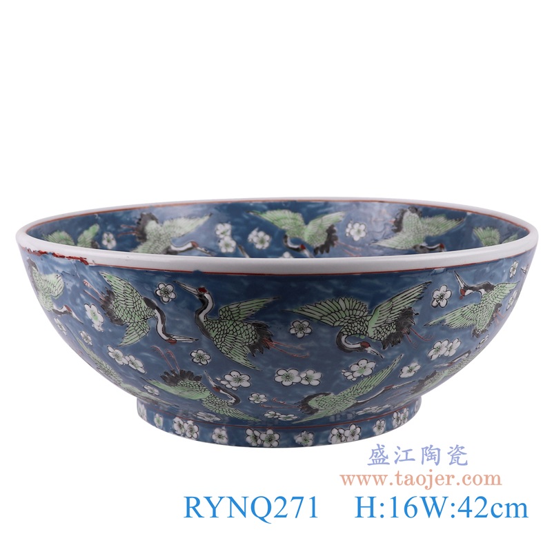 蓝底冰梅仙鹤纹大碗，产品编号：RYNQ271       产品尺寸(单位cm):  高16直径42口径底径23重量6.5KG