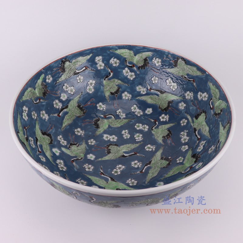 蓝底冰梅仙鹤纹大碗，产品编号：RYNQ271       产品尺寸(单位cm):  高16直径42口径底径23重量6.5KG