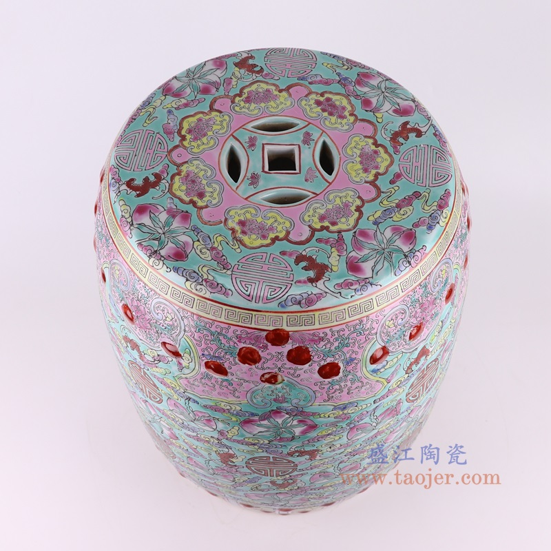 粉彩仙桃寿字纹鼓凳子凉墩，产品编号：RZAI21       产品尺寸(单位cm):  高44直径33口径底径重量KG
