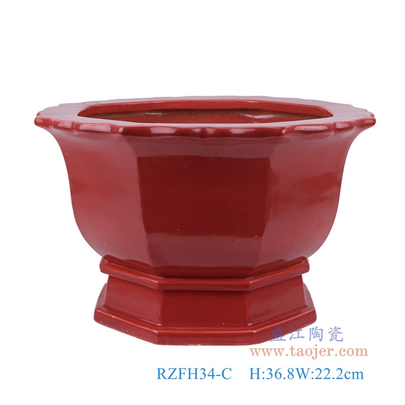 红色花瓣口边八方花盆，产品编号：RZFH34-C       产品尺寸(单位cm):  高36.8直径22.2口径底径重量5.55KG
