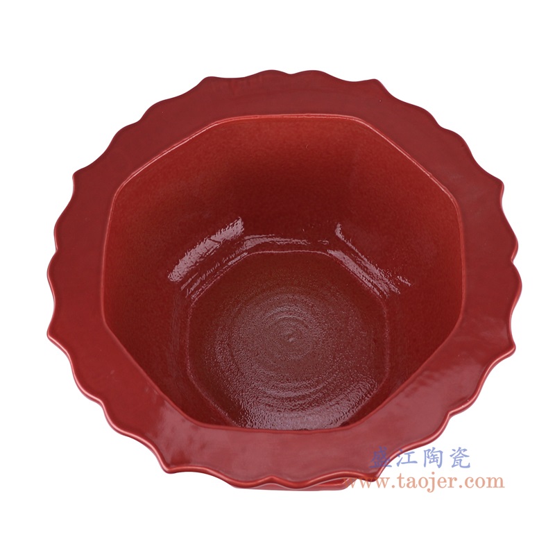 红色花瓣口边八方花盆，产品编号：RZFH34-C       产品尺寸(单位cm):  高36.8直径22.2口径底径重量5.55KG