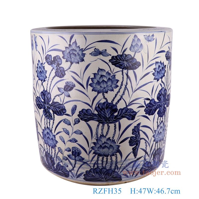 青花荷花蝴蝶纹大缸，产品编号：RZFH35       产品尺寸(单位cm):  高47直径46.7口径底径重量KG