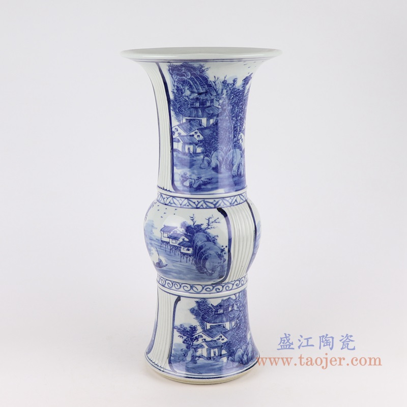 青花开窗山水花菇瓶;产品编号：RZSC42       产品尺寸(单位cm):  高：41.8直径：20口径：底径：14重量：3.3KG