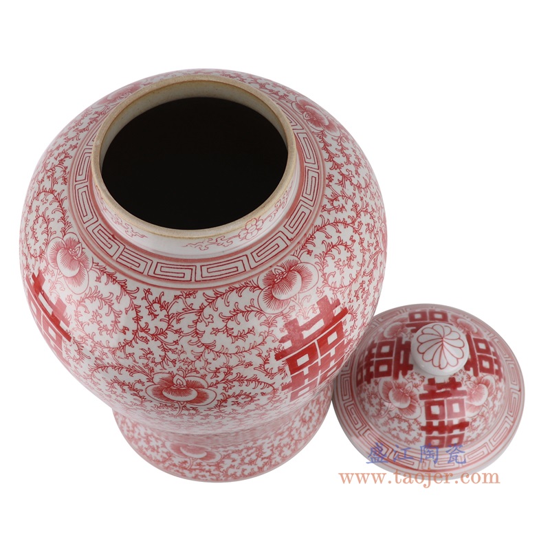 釉里红缠枝串花喜字纹将军罐,产品编号:RZSI29 产品尺寸(单位cm): 高49直径29.5口径底径23重量5.8KG