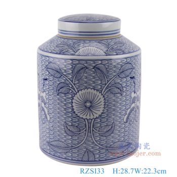 RZSI33   青花太阳花蝴蝶铜钱纹直筒茶叶罐      高28.7直径22.3口径底径重量3.4KG