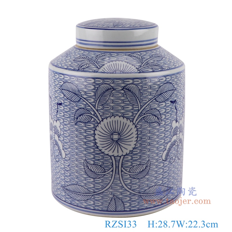 青花太阳花蝴蝶铜钱纹直筒茶叶罐,产品编号:RZSI33 产品尺寸(单位cm): 高28.7直径22.3口径底径重量3.4KG