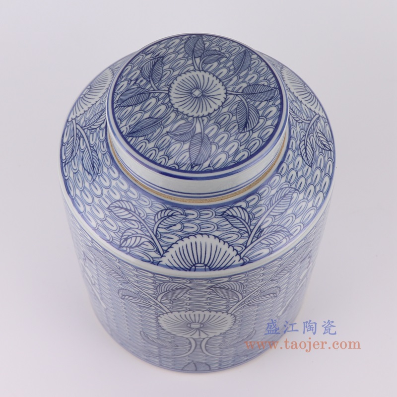 青花太阳花蝴蝶铜钱纹直筒茶叶罐,产品编号:RZSI33 产品尺寸(单位cm): 高28.7直径22.3口径底径重量3.4KG