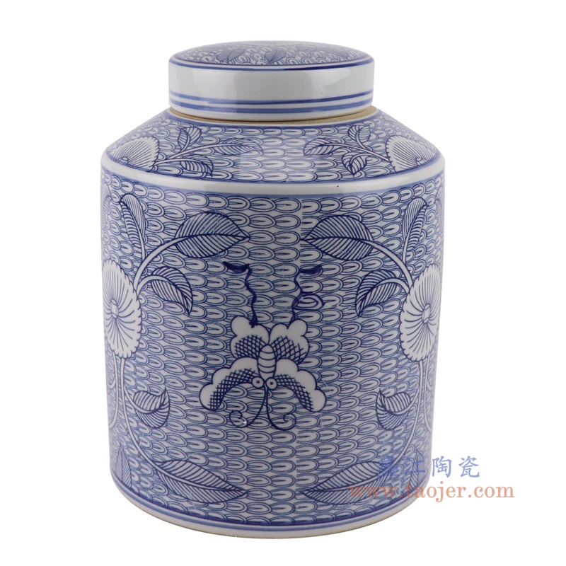 青花太阳花蝴蝶铜钱纹直筒茶叶罐,产品编号:RZSI33 产品尺寸(单位cm): 高28.7直径22.3口径底径重量3.4KG