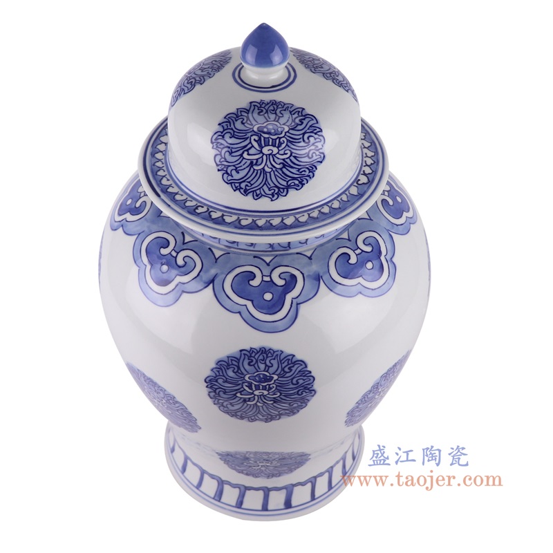 青花圆圈莲花纹将军罐，产品编号：RZTN05       产品尺寸(单位cm):  高34.5直径26.9口径底径17.5重量5.95KG