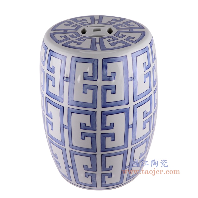 青花几何图形鼓凳子凉墩，产品编号：RZTN06       产品尺寸(单位cm):  高44.5直径33.8口径底径重量10.6KG