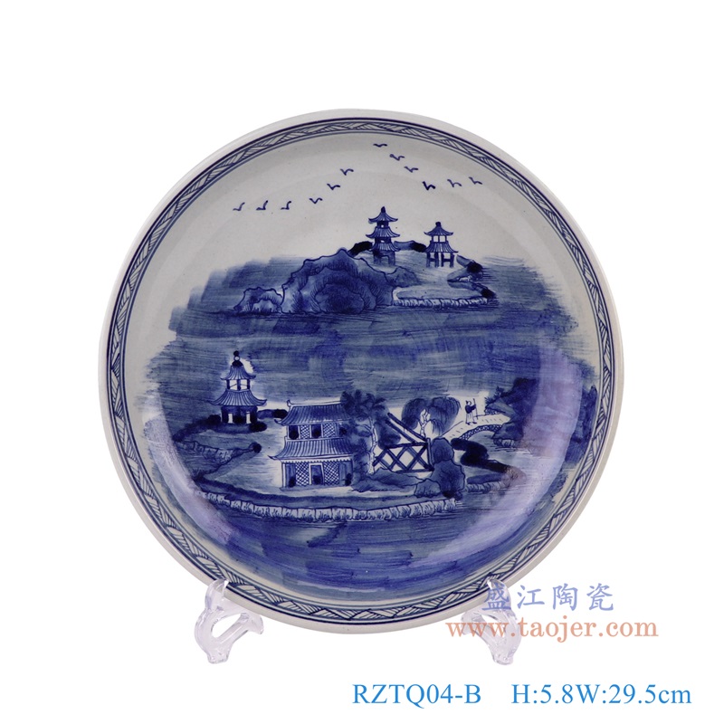 青花山水盘子,产品编号:RZTQ04-B 产品尺寸(单位cm): 高5.8直径29.5口径底径19重量1.4KG