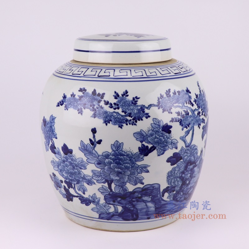青花花鸟眀罐大号,产品编号:RZTQ05-A-L 产品尺寸(单位cm): 高31直径28.5口径底径20.3重量5.2KG