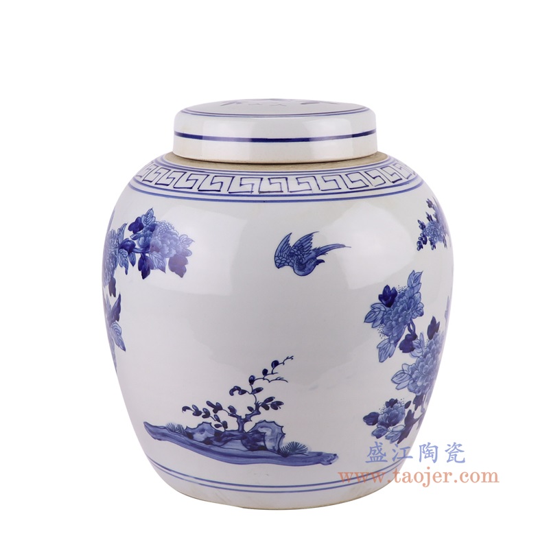 青花花鸟眀罐大号,产品编号:RZTQ05-A-L 产品尺寸(单位cm): 高31直径28.5口径底径20.3重量5.2KG
