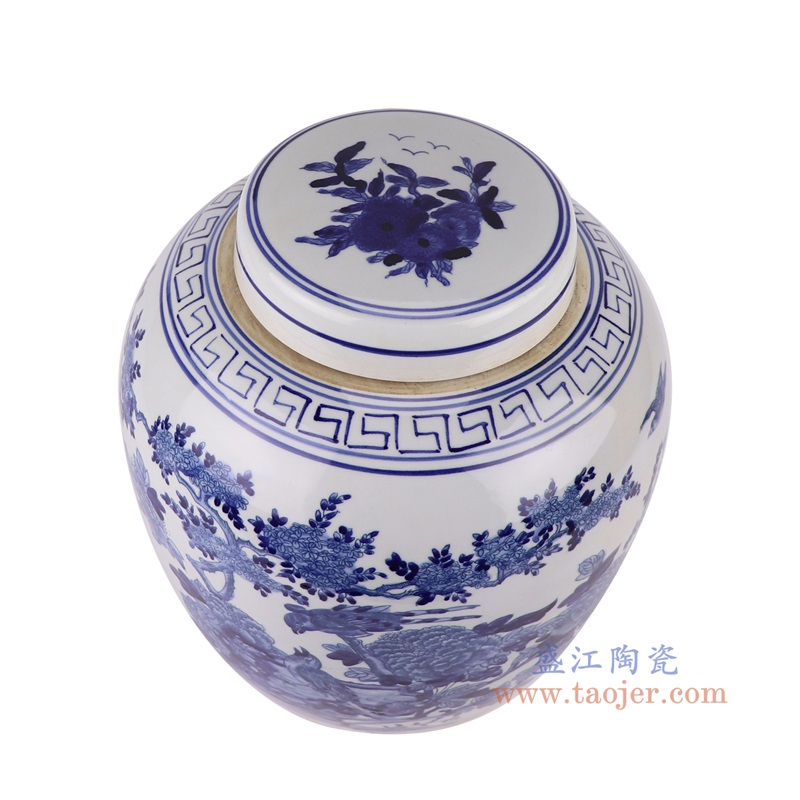 青花花鸟眀罐大号,产品编号:RZTQ05-A-L 产品尺寸(单位cm): 高31直径28.5口径底径20.3重量5.2KG