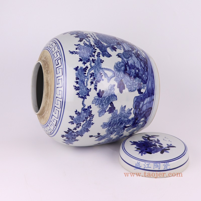 青花花鸟眀罐大号,产品编号:RZTQ05-A-L 产品尺寸(单位cm): 高31直径28.5口径底径20.3重量5.2KG